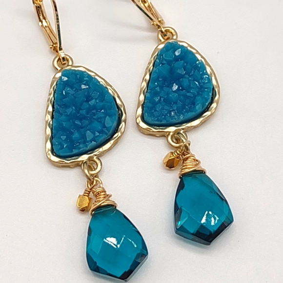 Handmade Jewelry - Sterling Silver Vermeil Teal Quartz Drop Earrings